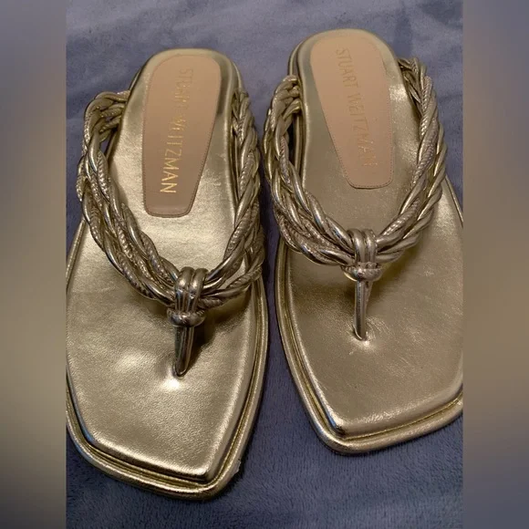 Stuart Weitzman Women’s Metallic Napa Woven Calypso Flat Sandals| size 8 1/2 - Picture 8 of 9